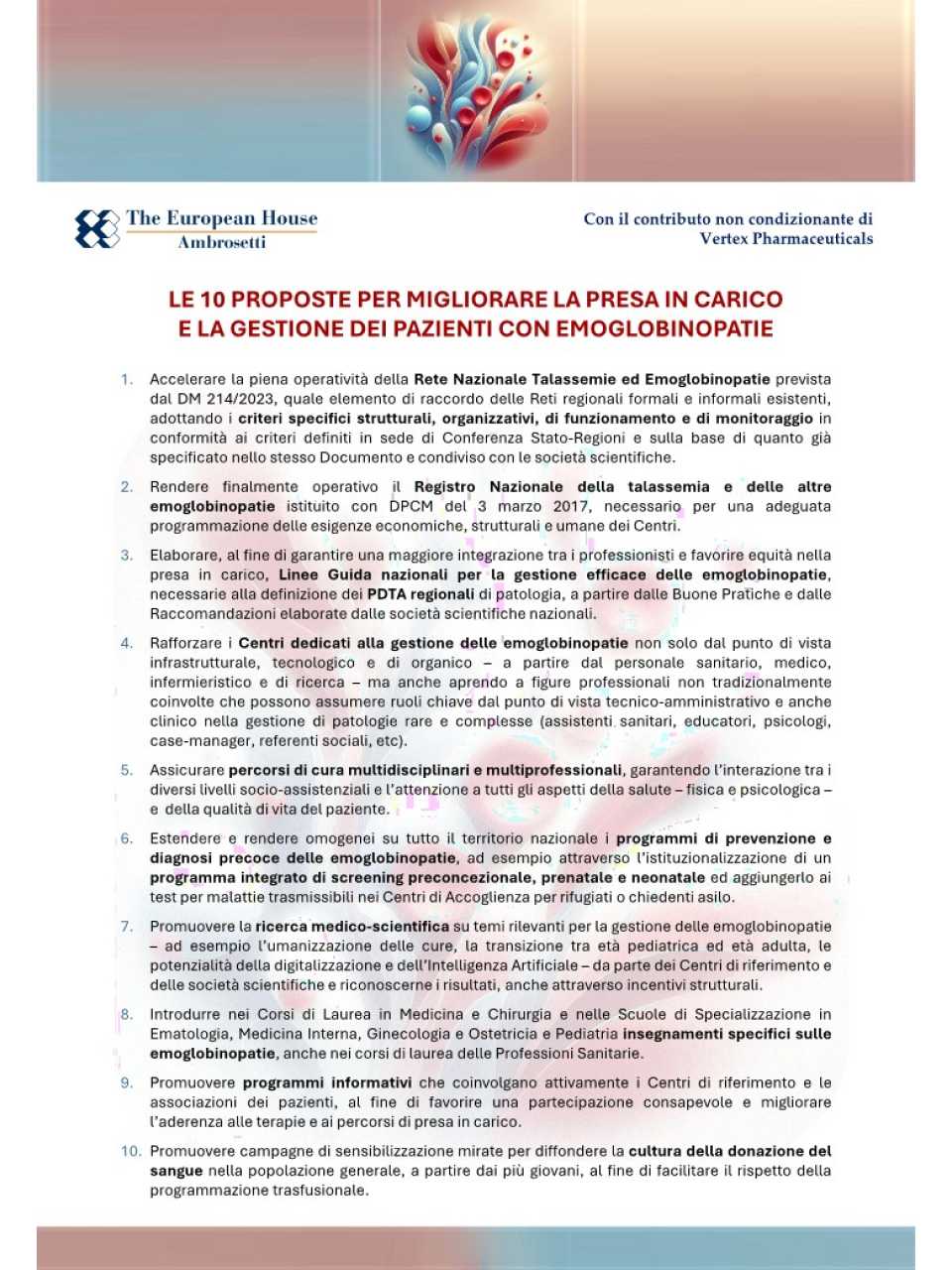 Le 10 proposte per migliorare la presa in carico e la gestione dei pazienti con emoglobinopatie