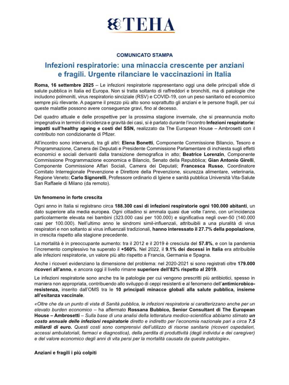 Infezioni respiratorie: impatti sull’healthy ageing e costi del SSN