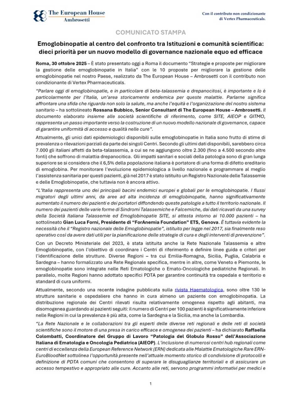 Lotta alle emoglobinopatie - Un impegno istituzionale per la beta-talassemia e la drepanocitosi