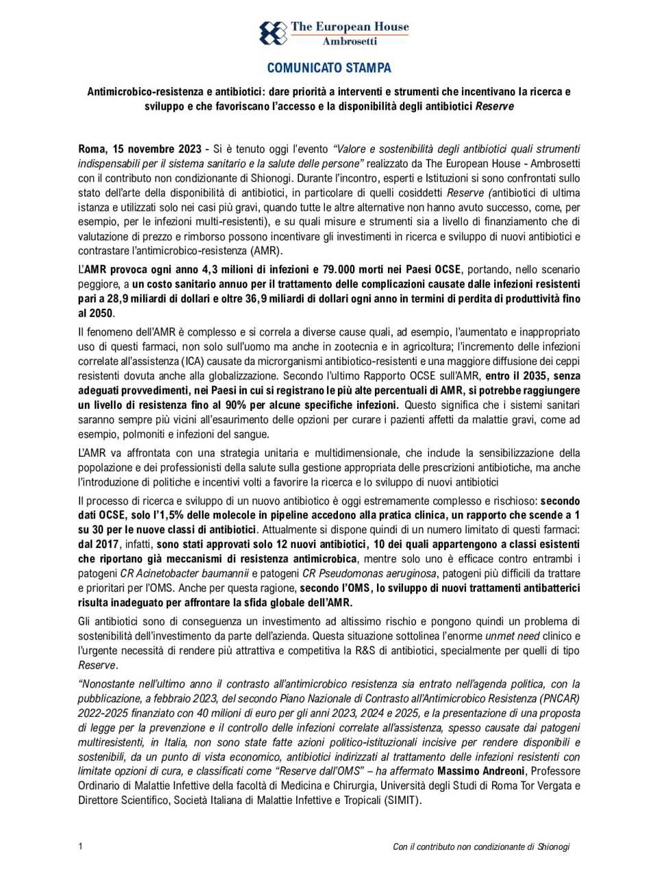 Valore e sostenibilità degli antibiotici quali strumenti indispensabili per il sistema sanitario e la salute delle persone