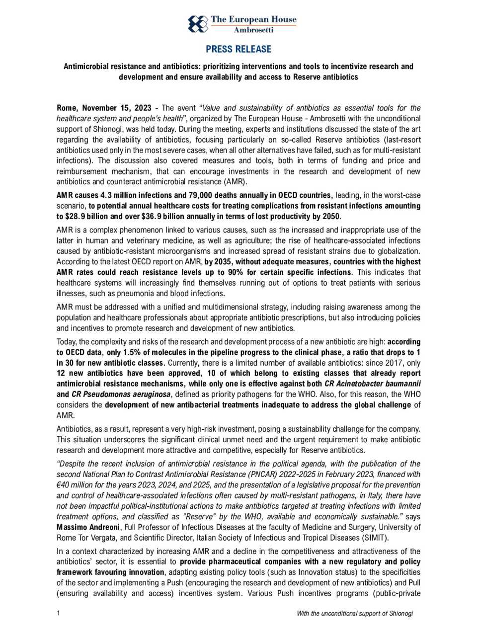 Valore e sostenibilità degli antibiotici quali strumenti indispensabili per il sistema sanitario e la salute delle persone