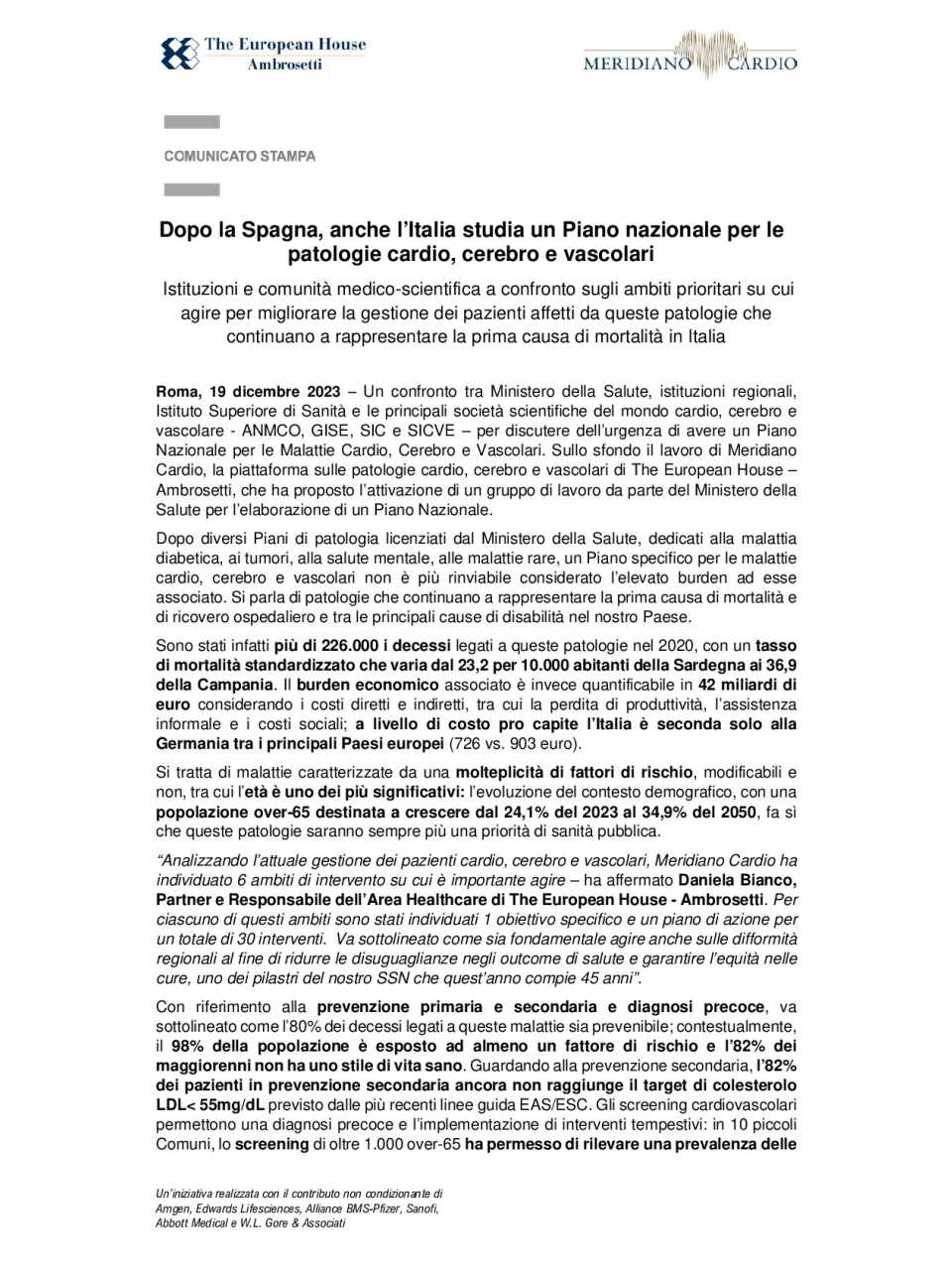 Meridiano Cardio
Roadmap verso il piano nazionale cardio, cerebro e vascolare