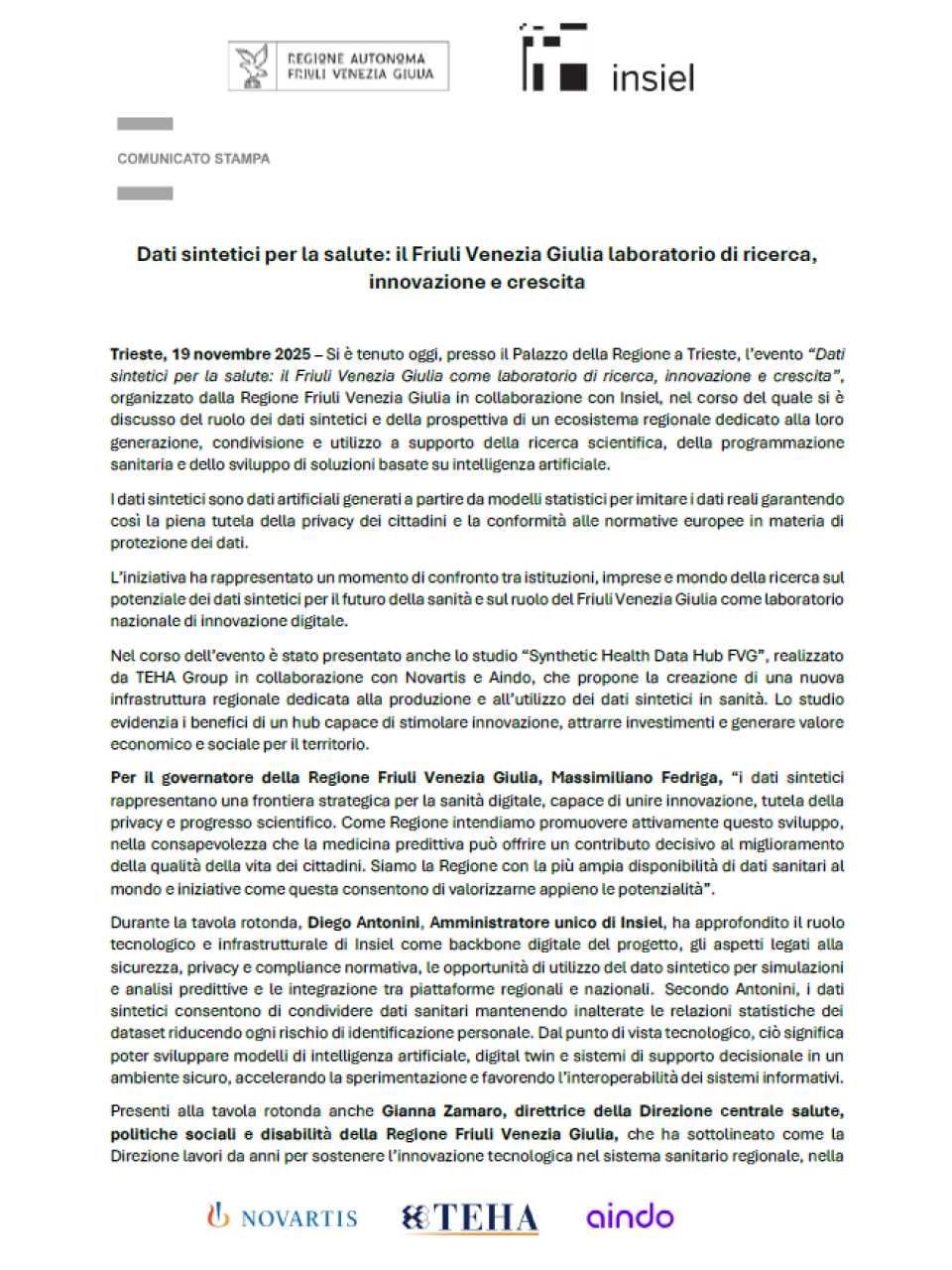Dati sintetici per la salute: il Friuli Venezia Giulia come laboratorio di ricerca, innovazione e crescita